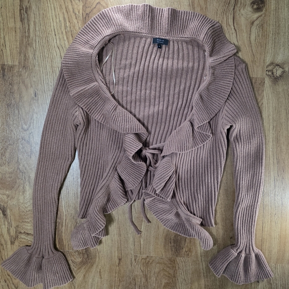 Debut Brown Ruffle Tie Front Sweater Cardigan - Picture 2 of 7